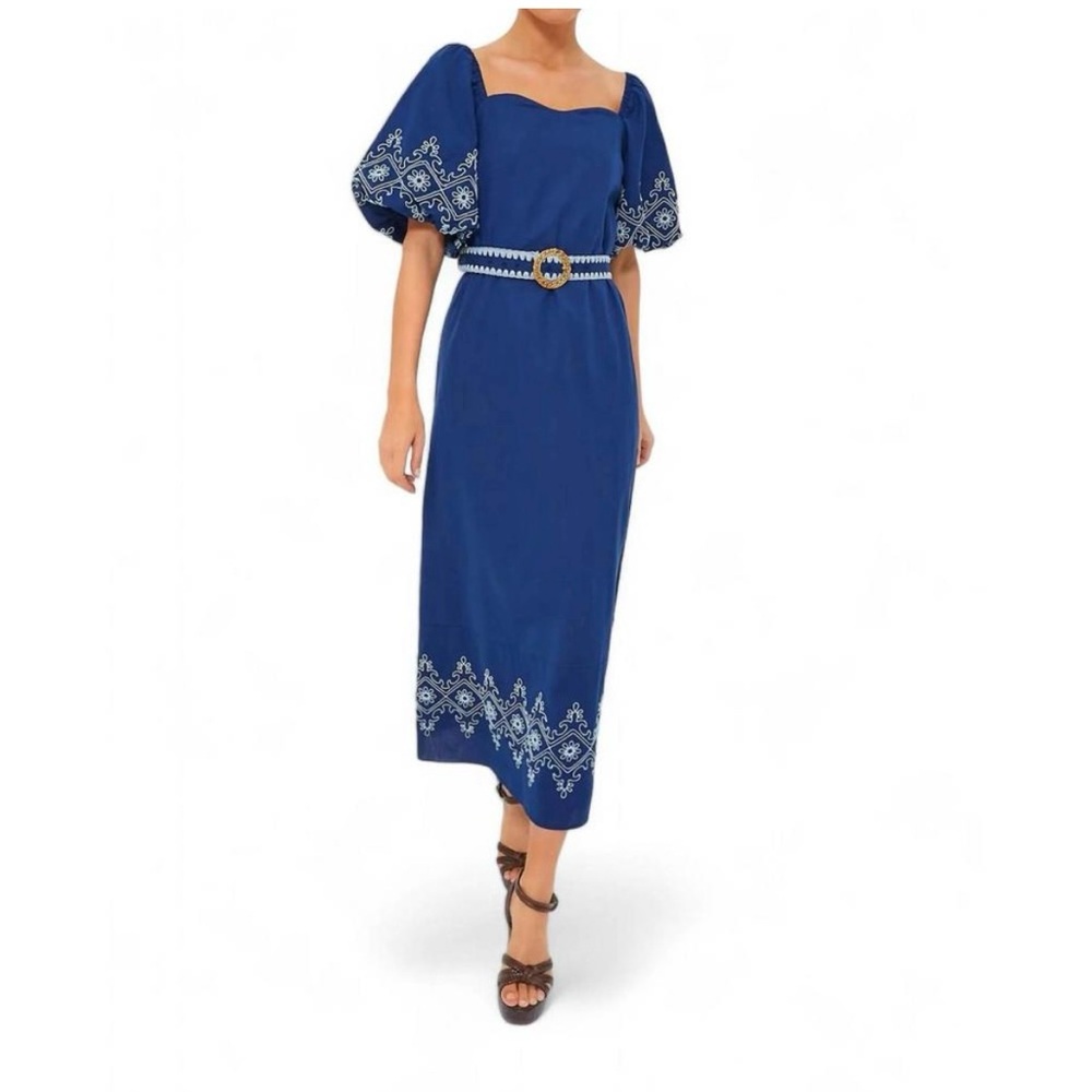 Anna Cate Maggie Dress Belted Blue With Embroidery Sz L
